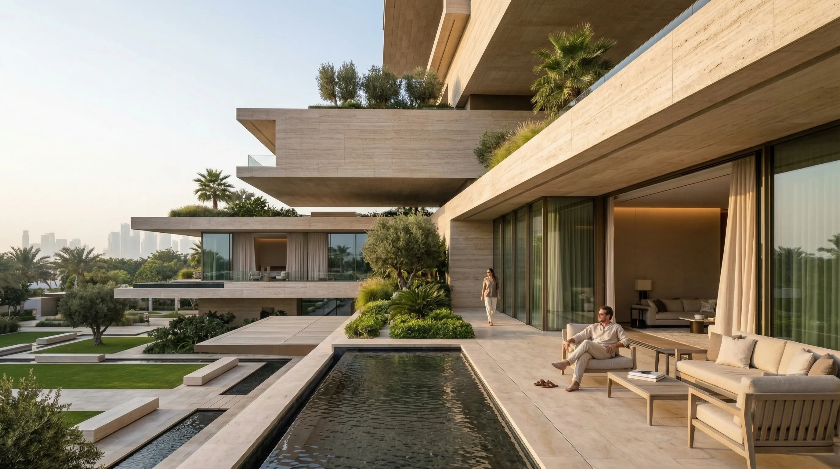 Terraced travertine residence with reflecting pool